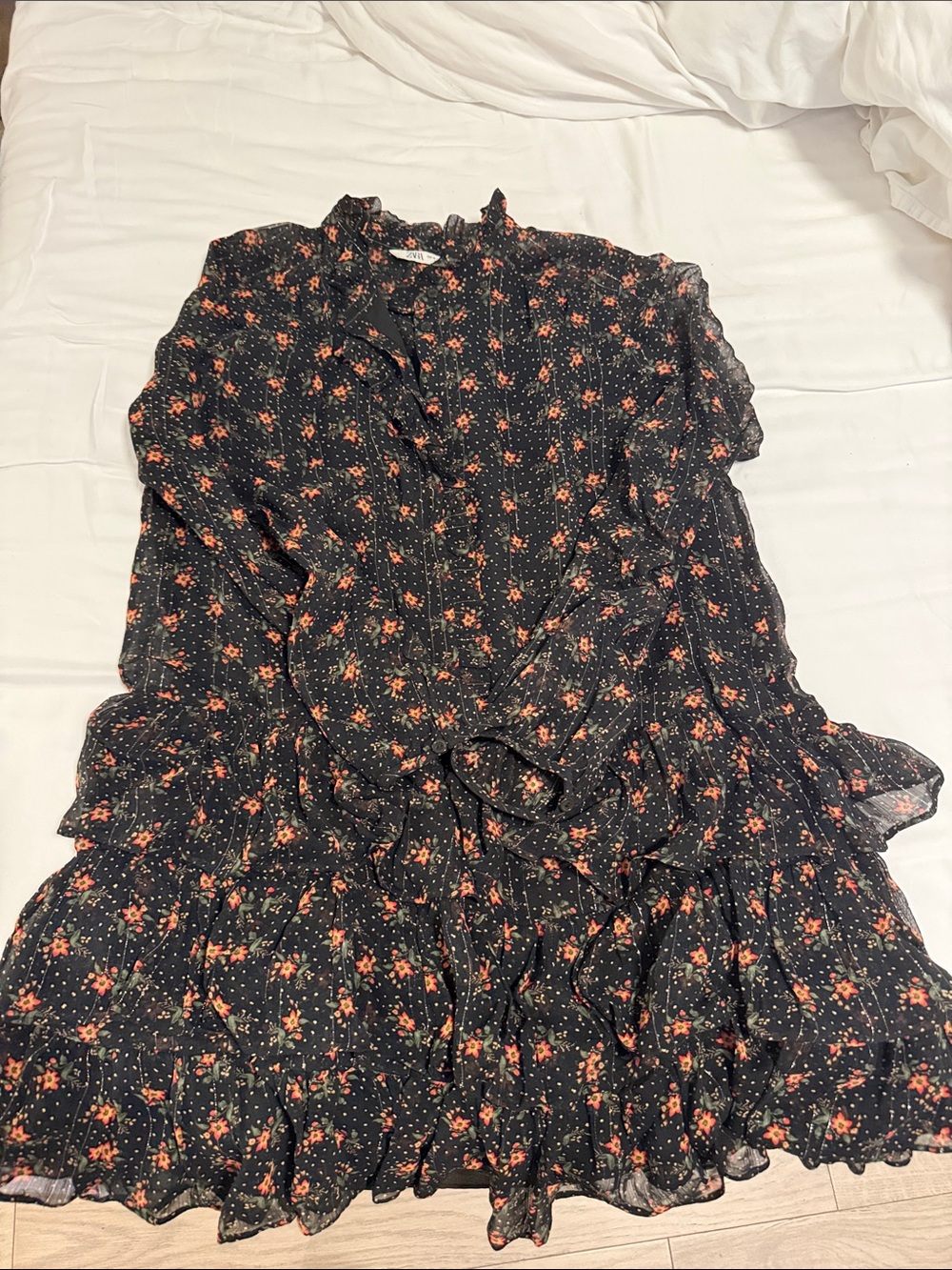 Zara Black Long-Sleeve Ruffle Tiered Mini Dress with Orange Floral Print